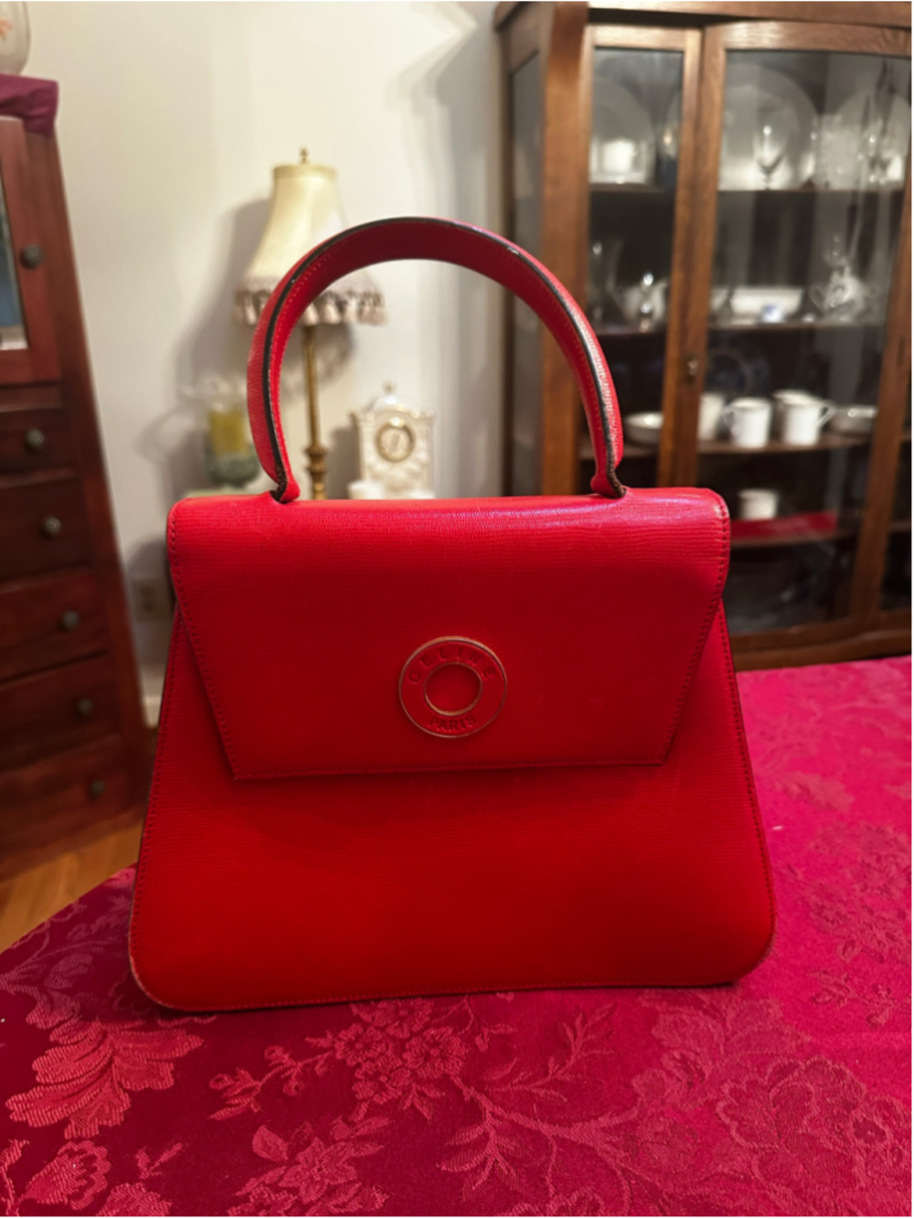 Celine Red Lizard Embossed Leather Satchel
